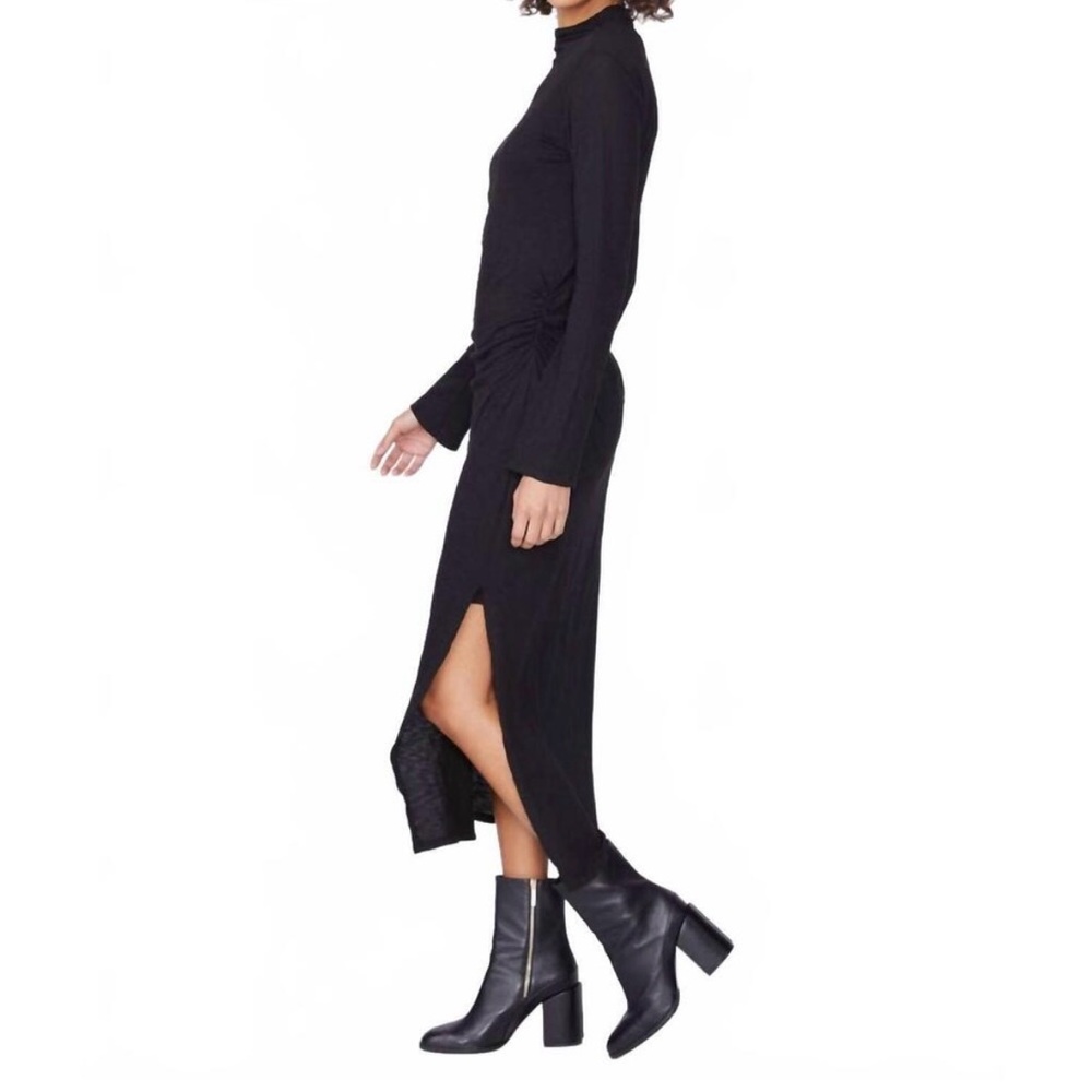 Stateside Mock Neck Black Long Sleeve Ruched Side Slit Full Slip Dress M - NWOT